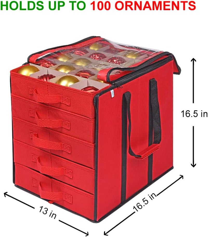 ProPik Christmas Ornament Storage Boxes with Dividers - 5 Separate Trays - Ornament Holder - Keeps 100 Holiday Ornaments - Durable Carrying Bag Handles Organizer Storage Box (Red) - Image 5